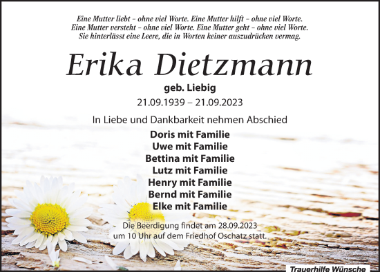 Traueranzeige von Erika Dietzmann von Leipziger Volkszeitung