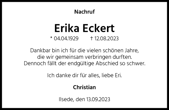 Traueranzeige von Erika Eckert von Peiner Allgemeine Zeitung