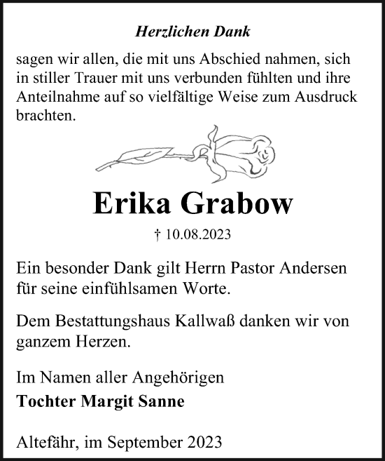 Traueranzeige von Erika Grabow von Ostsee-Zeitung GmbH