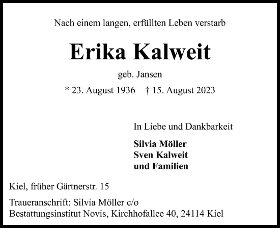 Traueranzeige von Erika Kalweit von Kieler Nachrichten