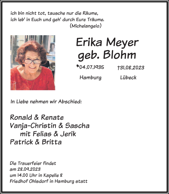 Traueranzeigen von Erika Meyer | trauer-anzeigen.de