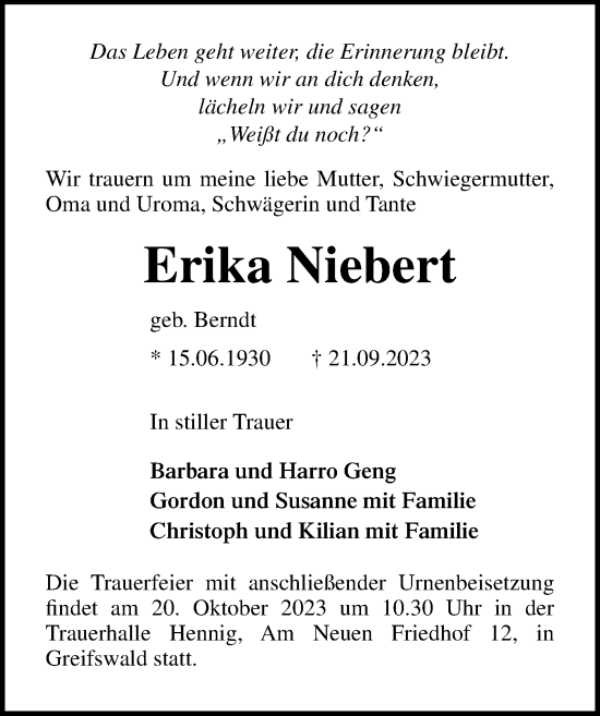 Traueranzeige von Erika Niebert von Ostsee-Zeitung GmbH