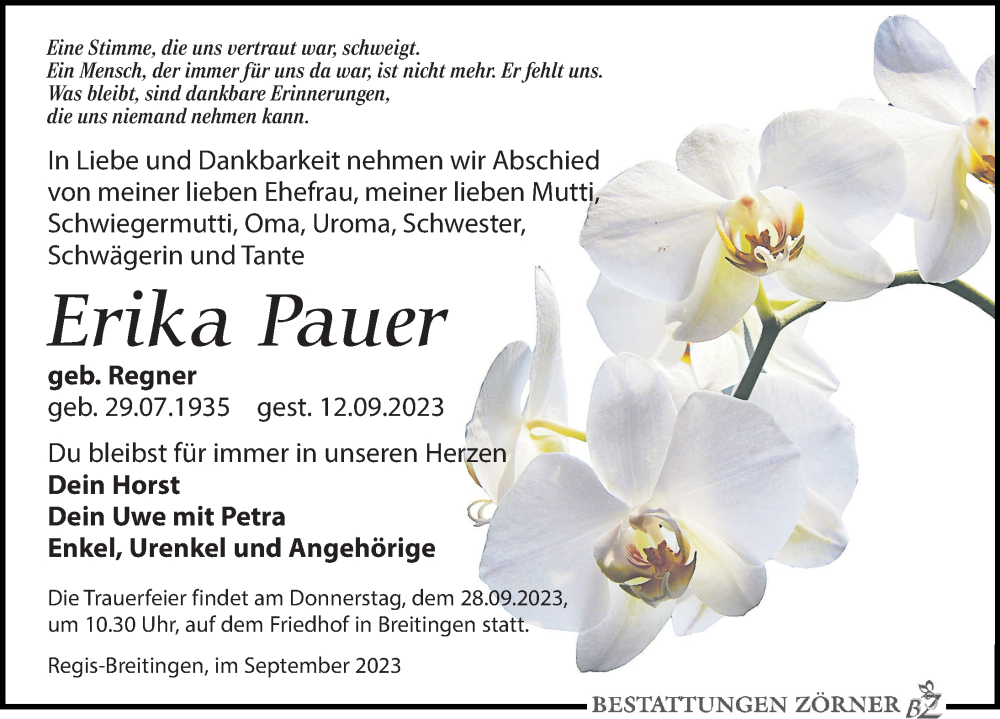  Traueranzeige für Erika Pauer vom 16.09.2023 aus Leipziger Volkszeitung