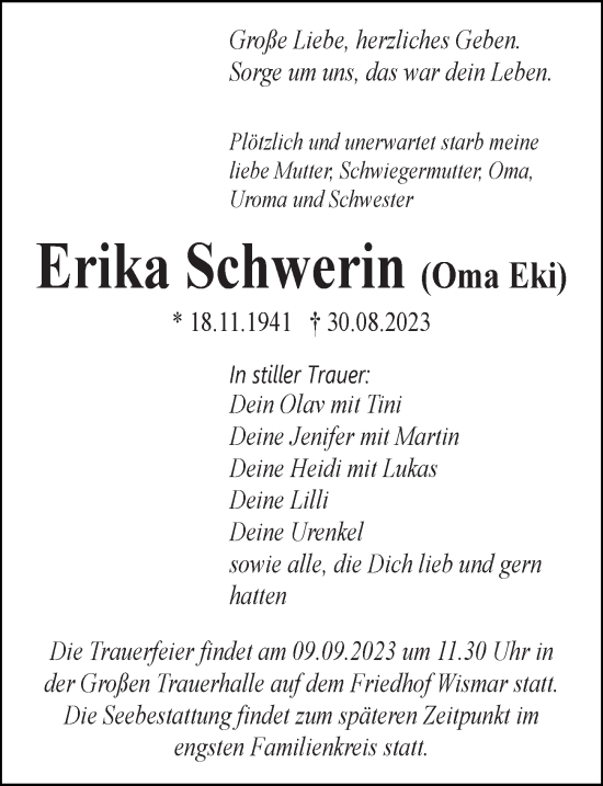 Traueranzeige von Erika Schwerin von Ostsee-Zeitung GmbH