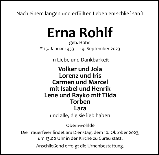 Traueranzeige von Erna Rohlf von Lübecker Nachrichten