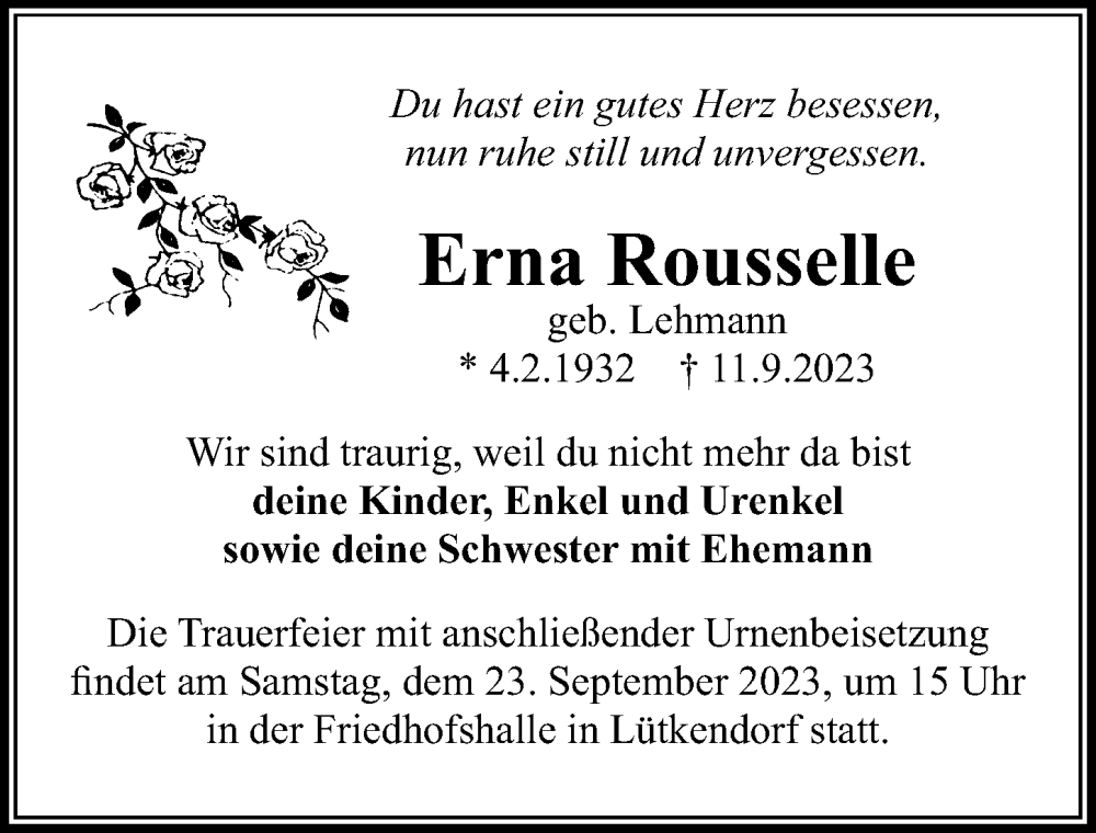  Traueranzeige für Erna Rousselle vom 16.09.2023 aus Wochenspiegel