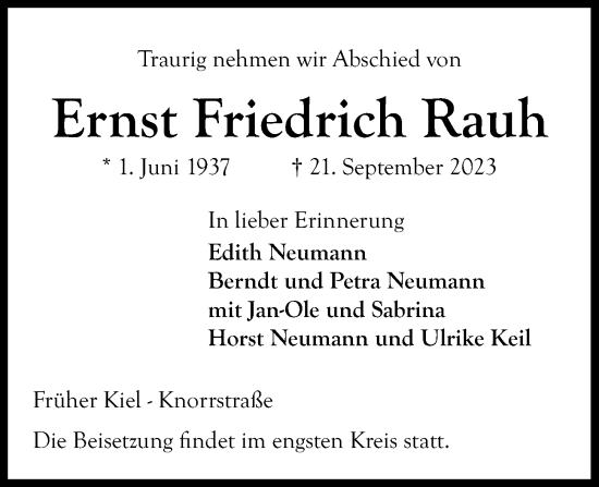 Traueranzeige von Ernst Friedrich Rauh von Kieler Nachrichten