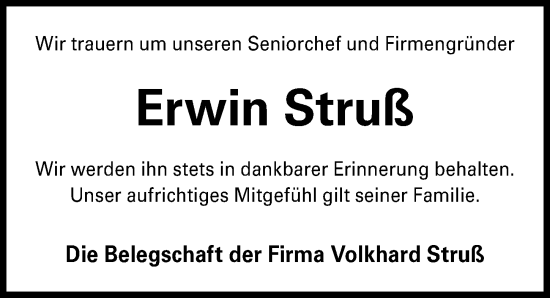 Traueranzeige von Erwin Struß von Hannoversche Allgemeine Zeitung/Neue Presse