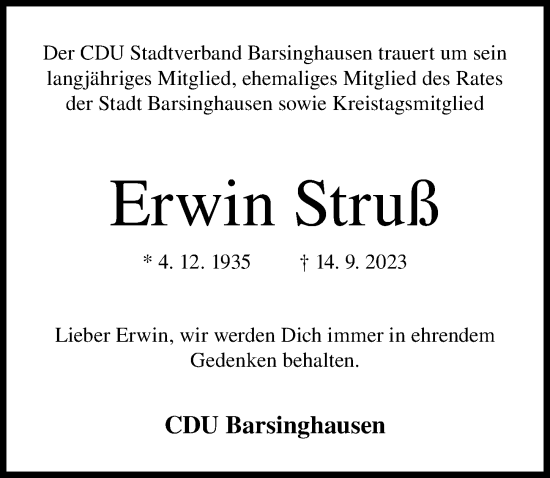 Traueranzeige von Erwin Struß von Hannoversche Allgemeine Zeitung/Neue Presse