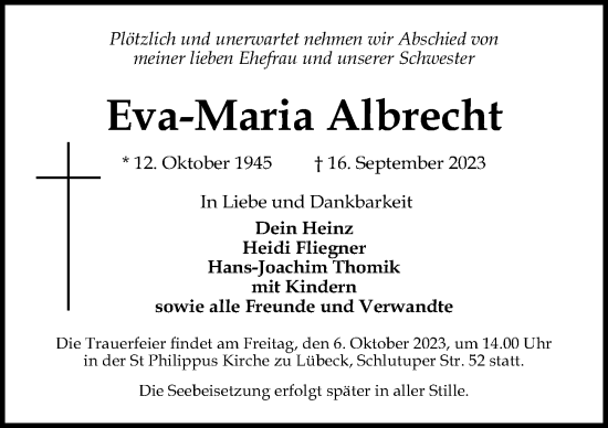 Traueranzeige von Eva-Maria Albrecht von Lübecker Nachrichten