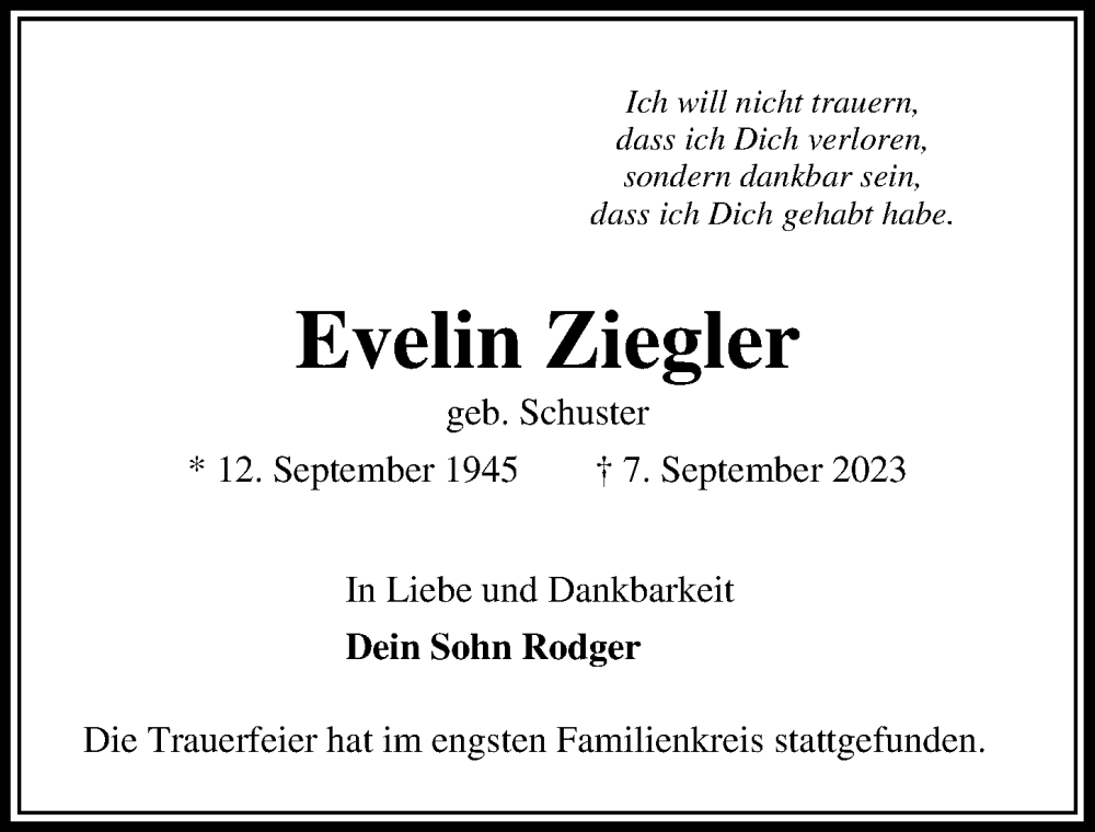  Traueranzeige für Evelin Ziegler vom 17.09.2023 aus Lübecker Nachrichten