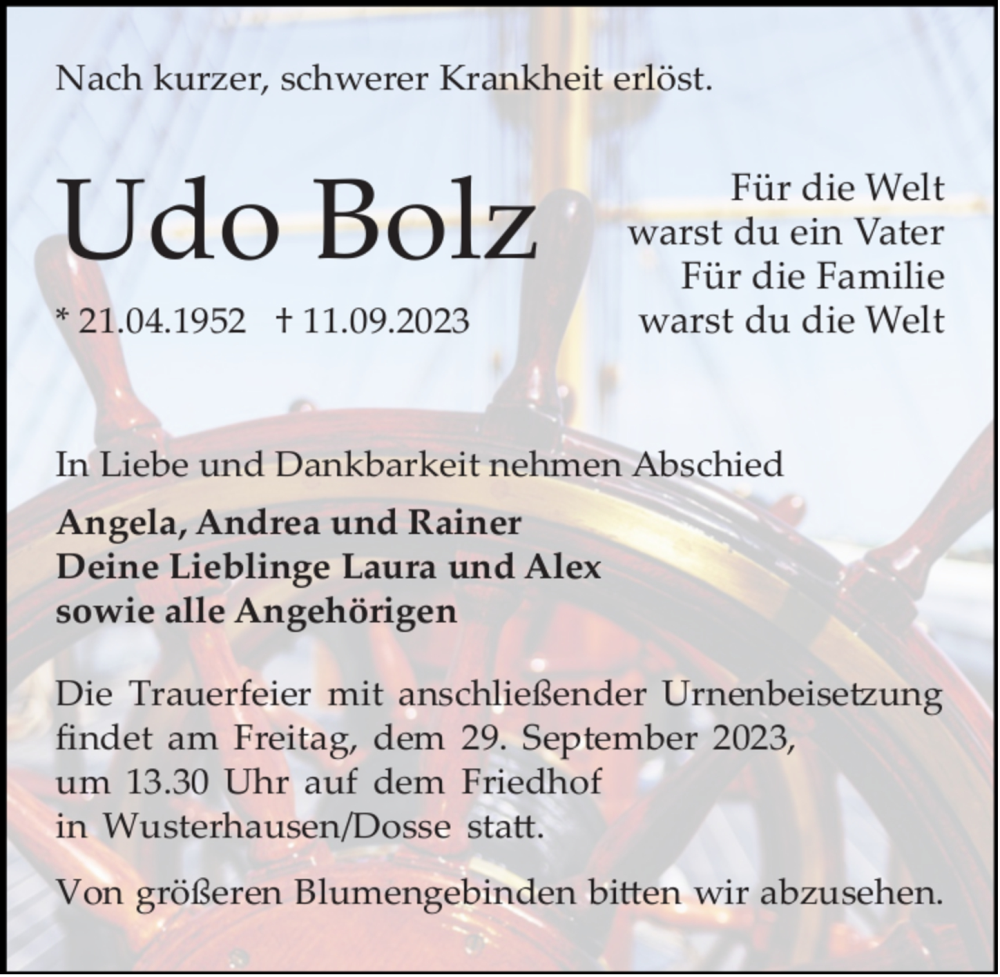  Traueranzeige für Udo Bolz vom 16.09.2023 aus Wochenspiegel