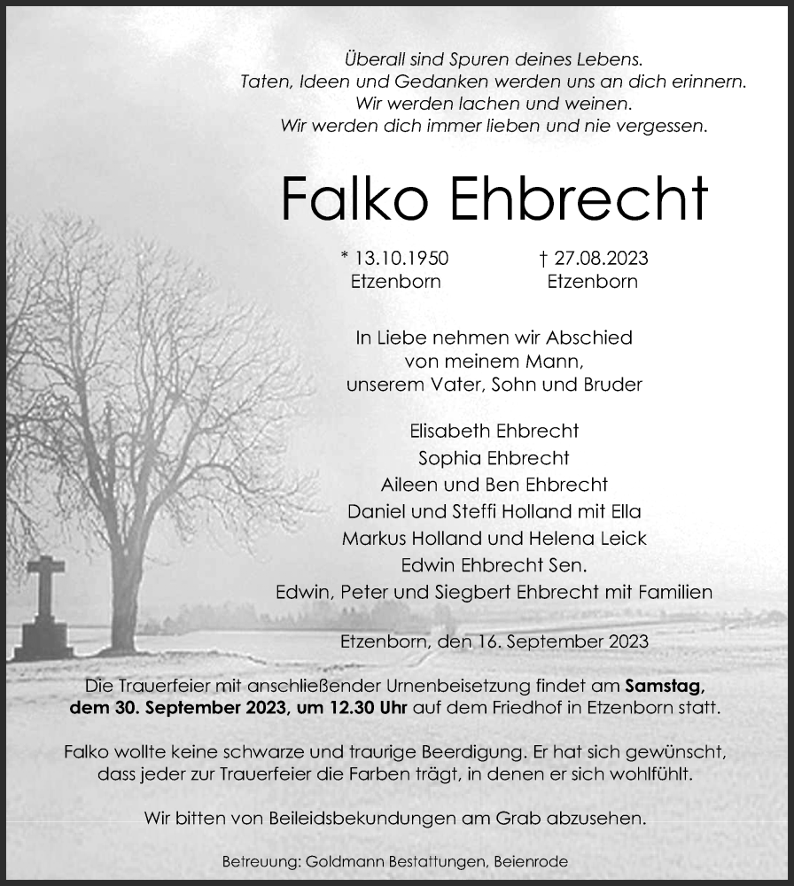  Traueranzeige für Falko Ehbrecht vom 16.09.2023 aus Göttinger Tageblatt