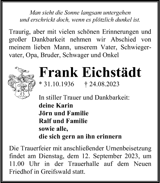 Traueranzeige von Frank Eichstädt von Ostsee-Zeitung GmbH