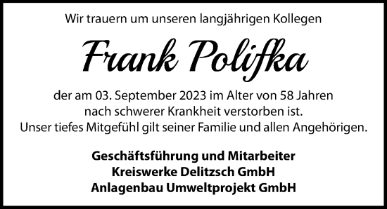 Traueranzeige von Frank Polifka von Leipziger Volkszeitung