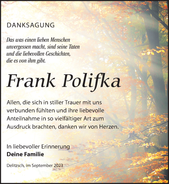 Traueranzeige von Frank Polifka von Leipziger Volkszeitung