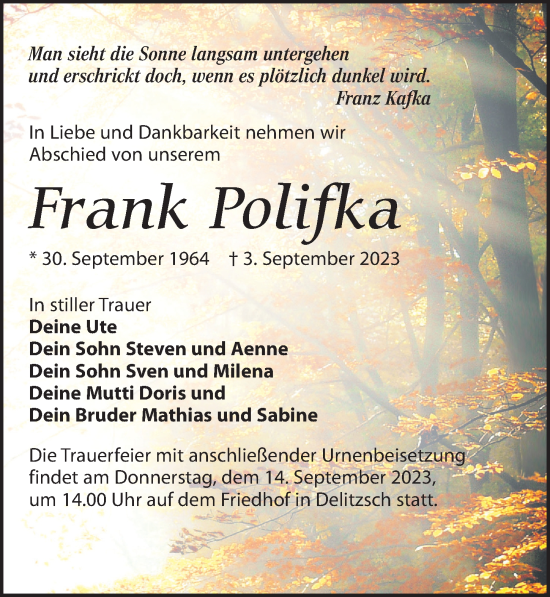 Traueranzeige von Frank Polifka von Leipziger Volkszeitung