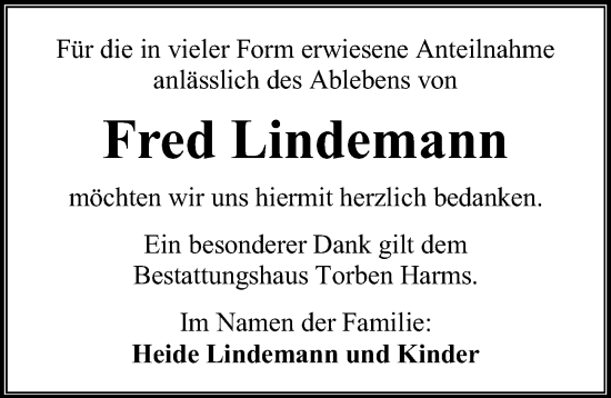 Traueranzeige von Fred Lindemann von Ostsee-Zeitung GmbH