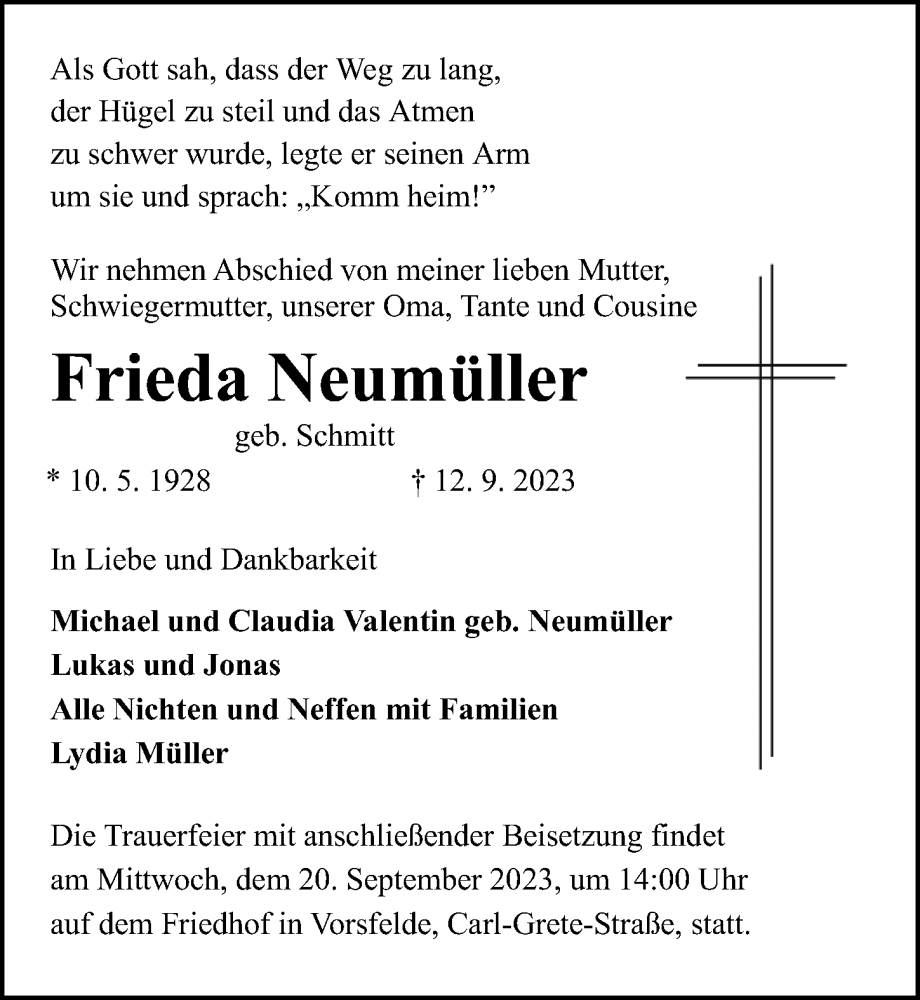  Traueranzeige für Frieda Neumüller vom 16.09.2023 aus Aller Zeitung