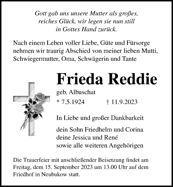 Traueranzeige von Frieda Reddie von Ostsee-Zeitung GmbH