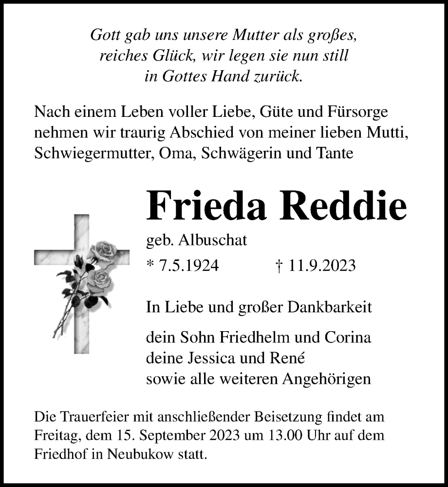  Traueranzeige für Frieda Reddie vom 14.09.2023 aus Ostsee-Zeitung GmbH