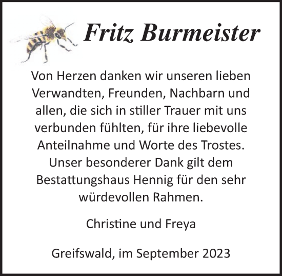 Traueranzeige von Fritz Burmeister von Ostsee-Zeitung GmbH