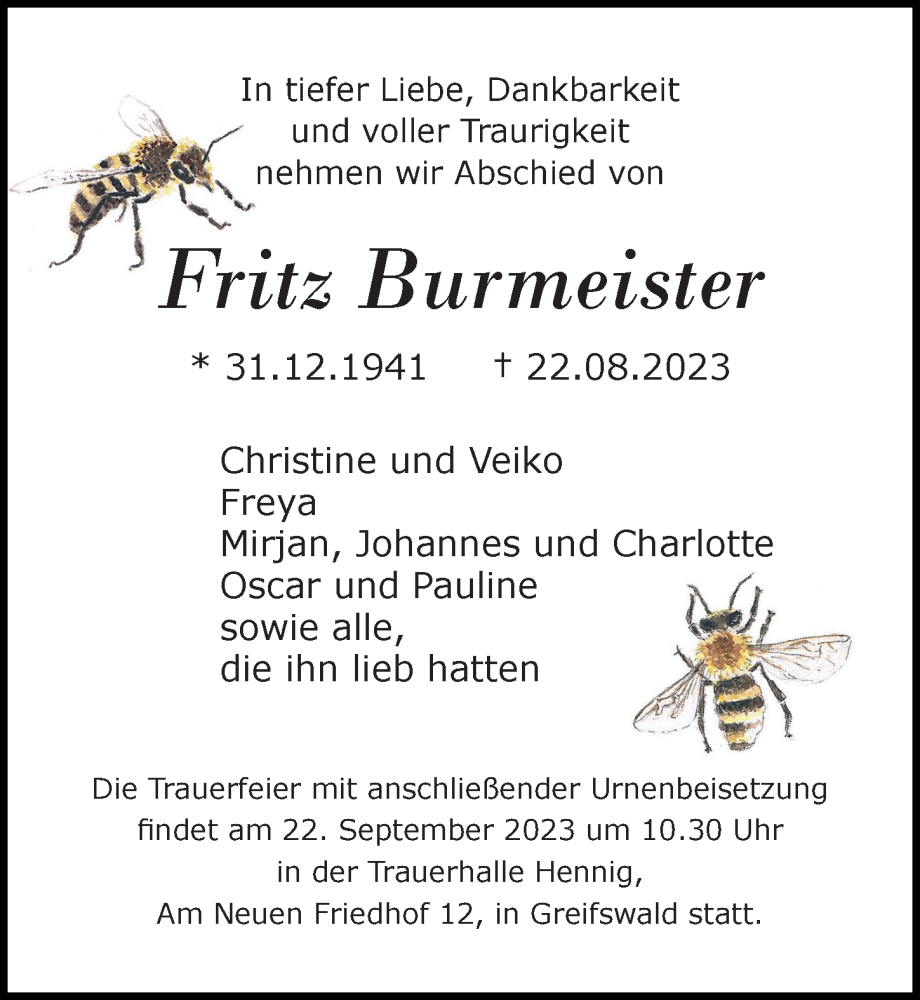  Traueranzeige für Fritz Burmeister vom 02.09.2023 aus Ostsee-Zeitung GmbH