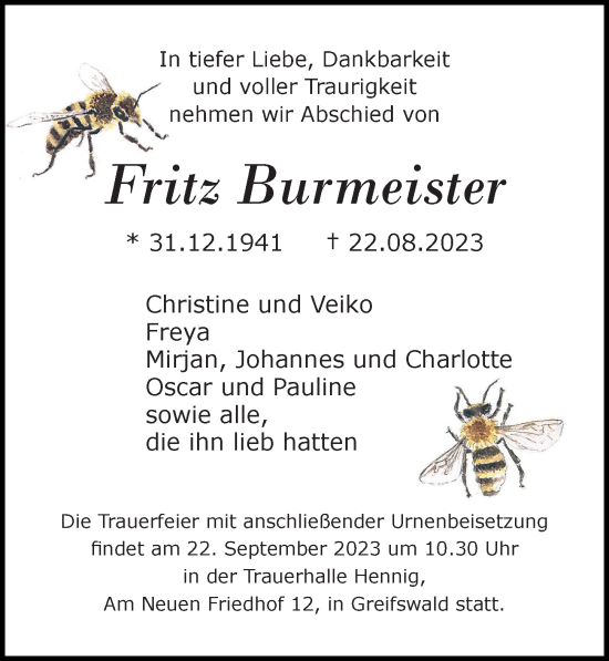 Traueranzeige von Fritz Burmeister von Ostsee-Zeitung GmbH