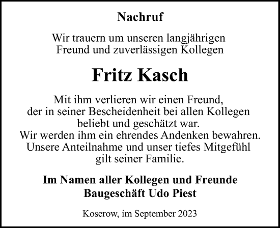 Traueranzeige von Fritz Kasch von Ostsee-Zeitung GmbH