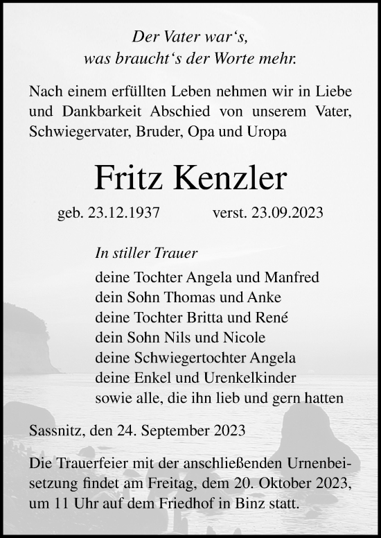 Traueranzeige von Fritz Kenzler von Ostsee-Zeitung GmbH