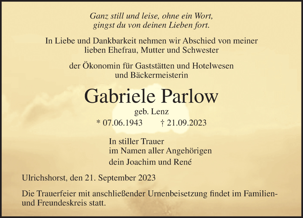  Traueranzeige für Gabriele Parlow vom 23.09.2023 aus Ostsee-Zeitung GmbH