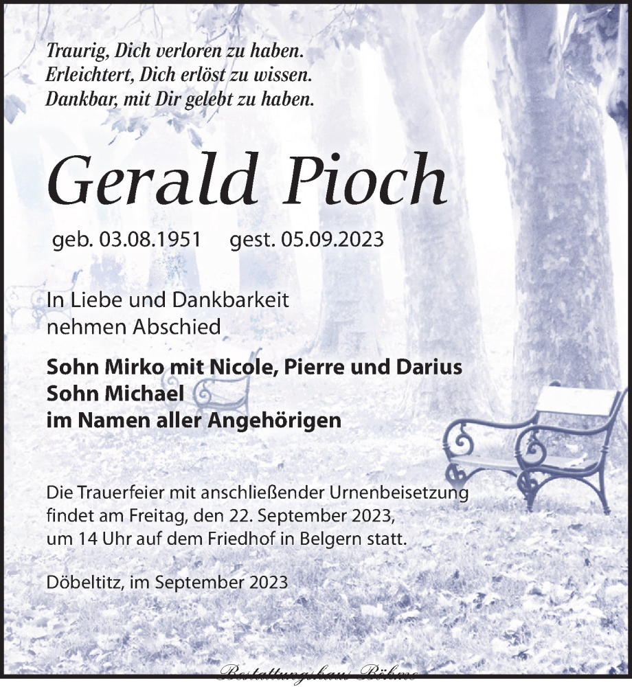 Traueranzeige für Gerald Pioch vom 16.09.2023 aus Torgauer Zeitung