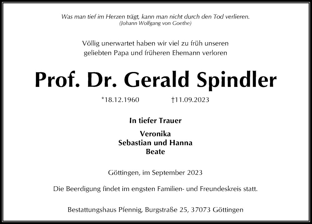  Traueranzeige für Gerald Spindler vom 16.09.2023 aus Göttinger Tageblatt
