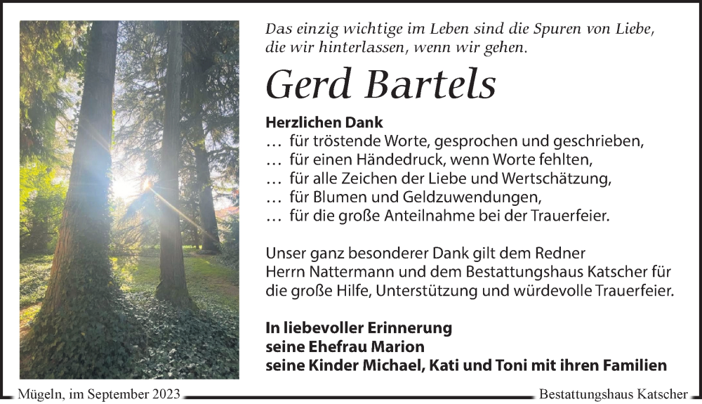  Traueranzeige für Gerd Bartels vom 02.09.2023 aus Leipziger Volkszeitung