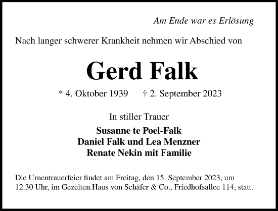 Traueranzeige von Gerd Falk von Lübecker Nachrichten
