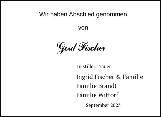 Traueranzeige von Gerd Fischer von Göttinger Tageblatt