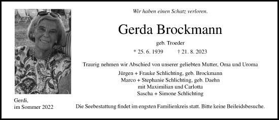 Traueranzeige von Gerda Brockmann von Lübecker Nachrichten