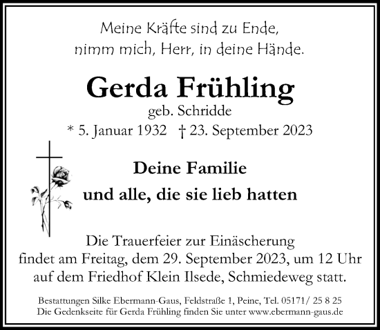 Traueranzeige von Gerda Frühling von Peiner Allgemeine Zeitung