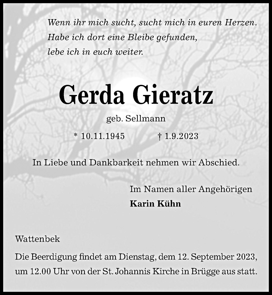  Traueranzeige für Gerda Gieratz vom 09.09.2023 aus Kieler Nachrichten