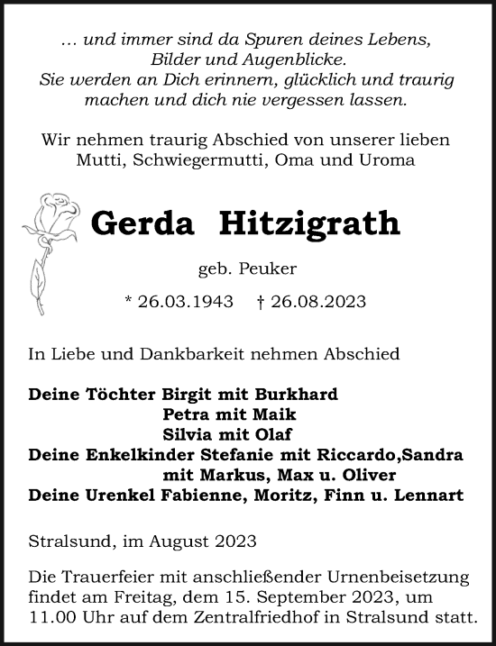 Traueranzeige von Gerda Hitzigrath von Ostsee-Zeitung GmbH