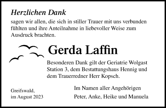 Traueranzeige von Gerda Laffin von Ostsee-Zeitung GmbH