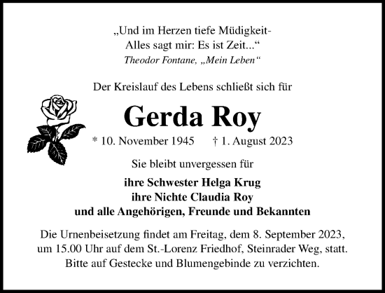Traueranzeige von Gerda Roy von Lübecker Nachrichten