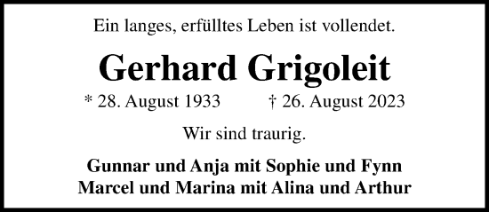Traueranzeige von Gerhard Grigoleit von Lübecker Nachrichten