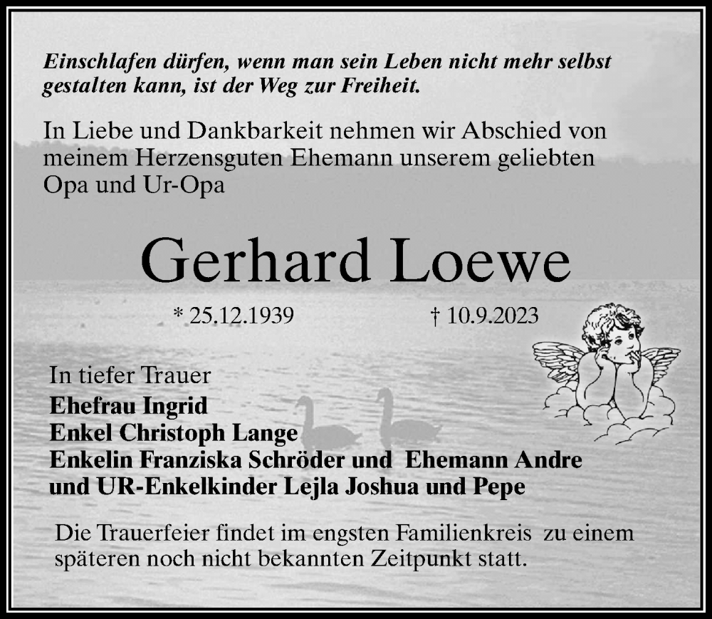  Traueranzeige für Gerhard Loewe vom 16.09.2023 aus Märkischen Allgemeine Zeitung