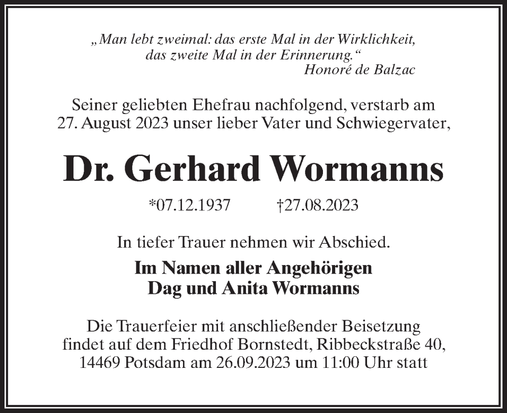 Traueranzeige für Gerhard Wormanns vom 09.09.2023 aus Märkischen Allgemeine Zeitung
