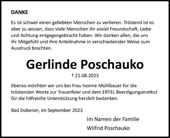 Traueranzeige von Gerlinde Poschauko von Ostsee-Zeitung GmbH