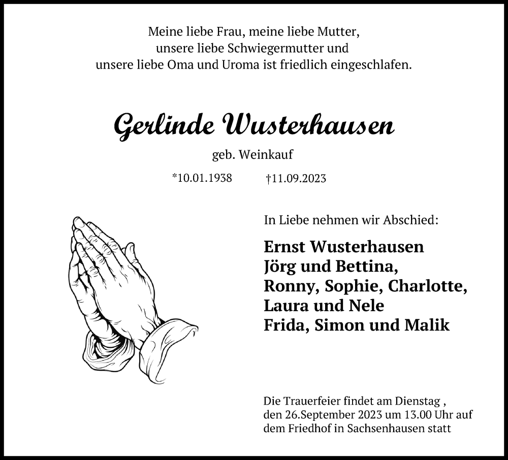  Traueranzeige für Gerlinde Wusterhausen vom 14.09.2023 aus Märkischen Allgemeine Zeitung