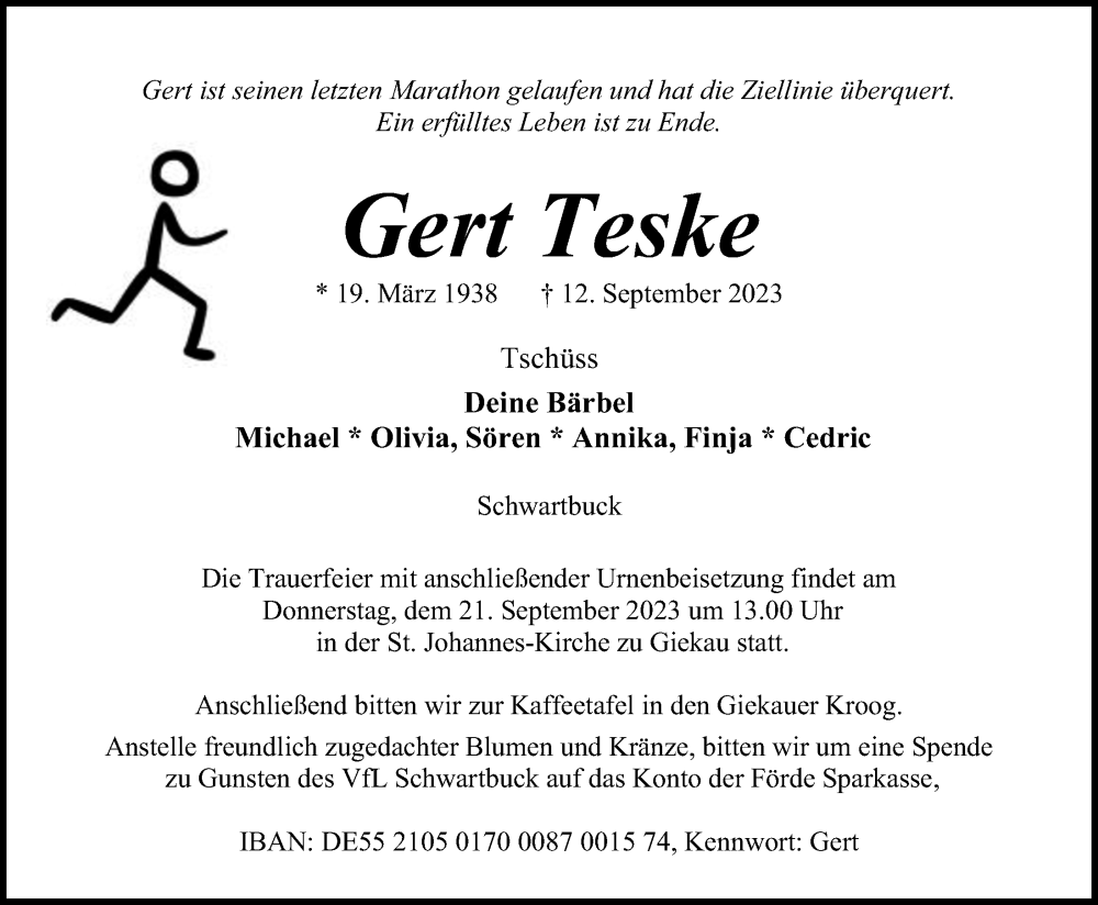  Traueranzeige für Gert Teske vom 15.09.2023 aus Kieler Nachrichten