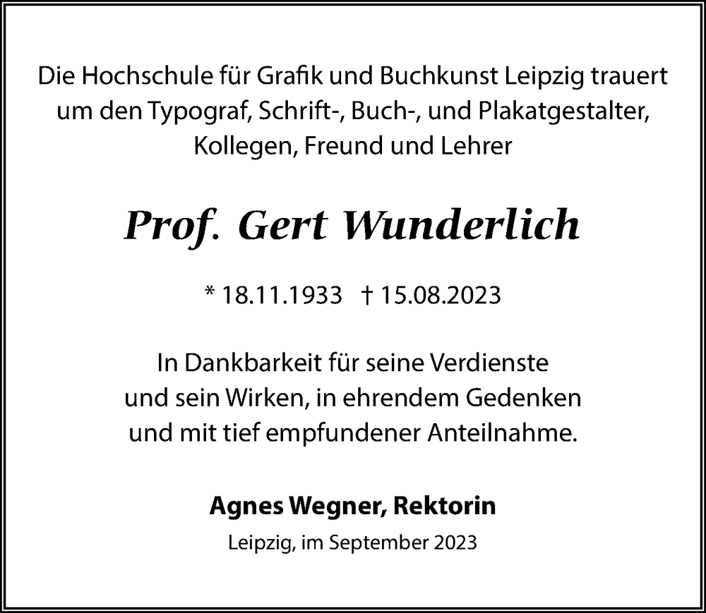  Traueranzeige für Gert Wunderlich vom 09.09.2023 aus Leipziger Volkszeitung