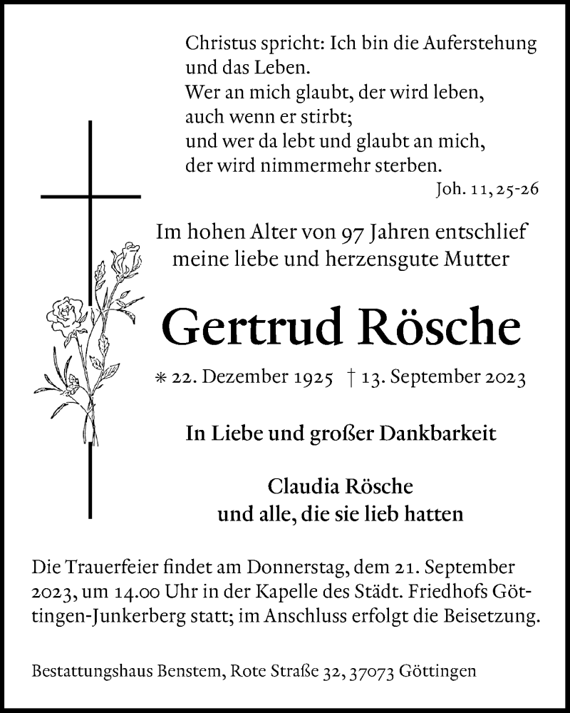  Traueranzeige für Gertrud Rösche vom 16.09.2023 aus Göttinger Tageblatt